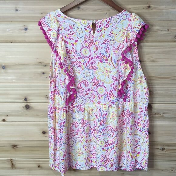 Savanna Jane Top Womens 1X Pink Printed PomPom Sleeveless Blouse Boho - Picture 5 of 9